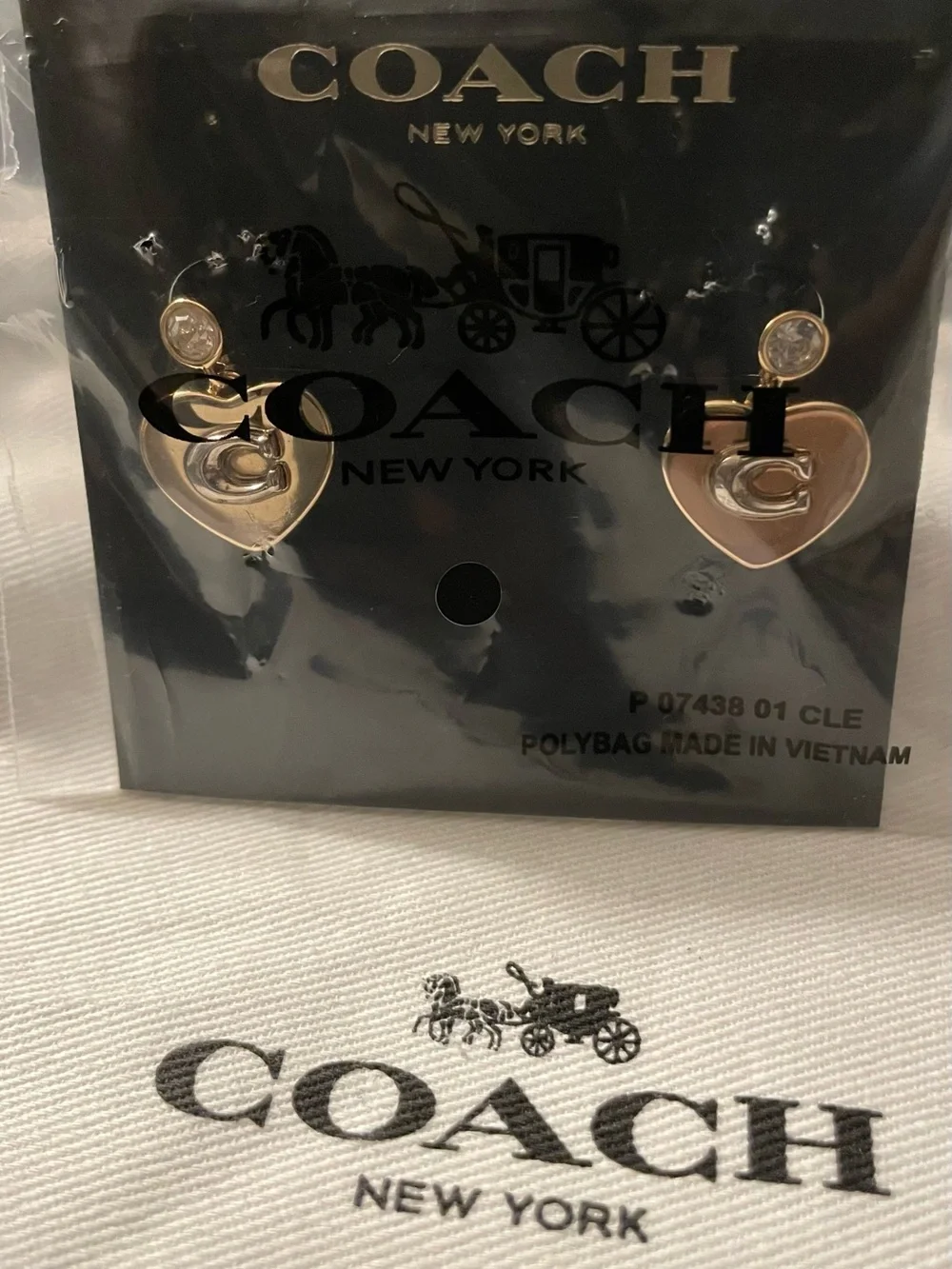 Coach Gold Heart C Logo Drop Earrings with Crystal Stud